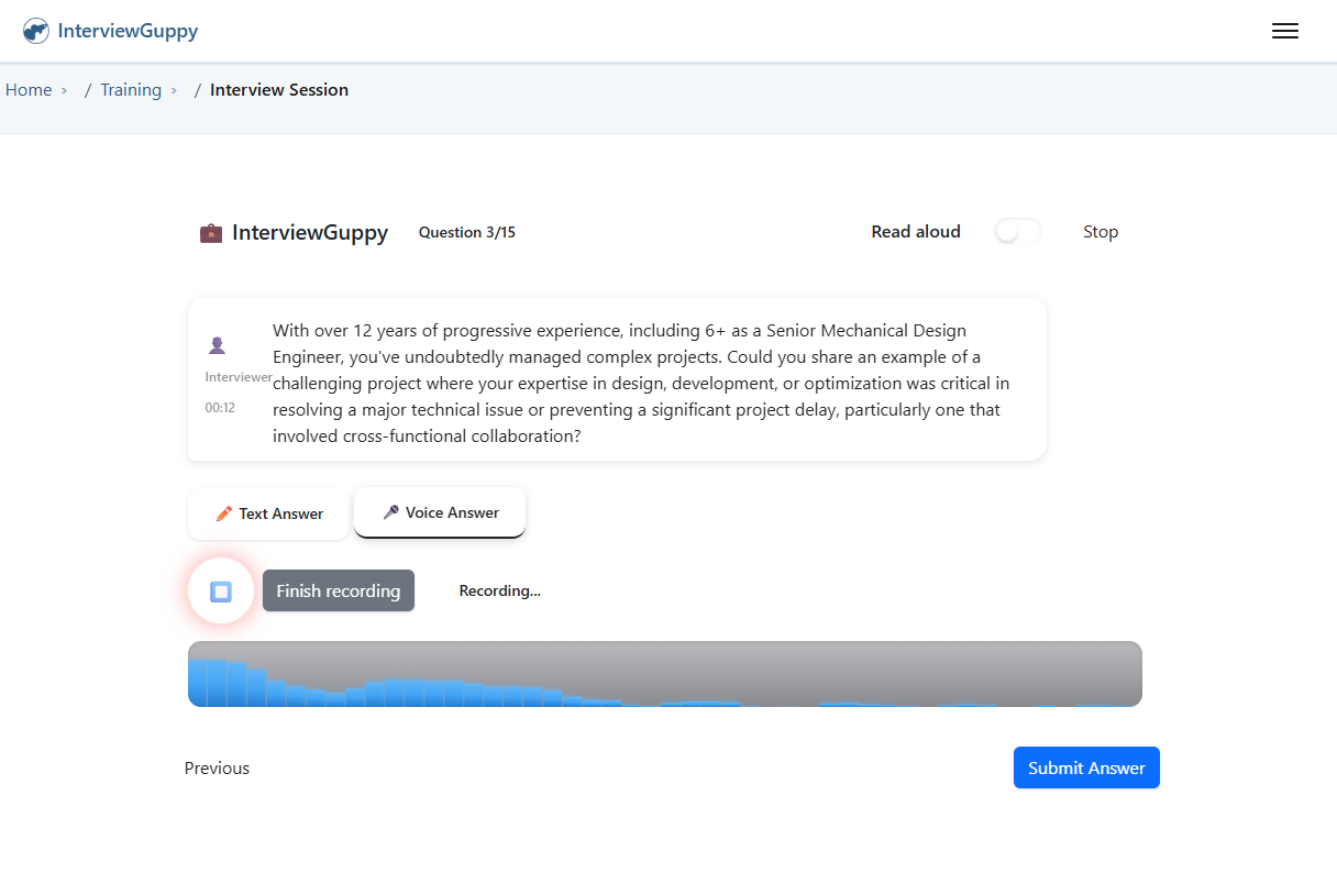 Speak or Type. Simulate real interviews with flexible input methods.